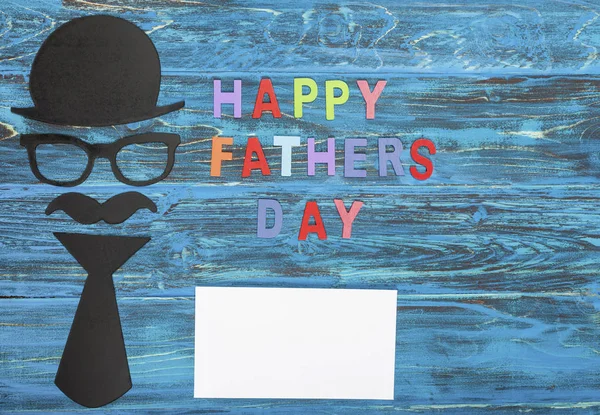Happy Father Day Bow Tie Paper Mustache Hat Glasses Blue — стоковое фото