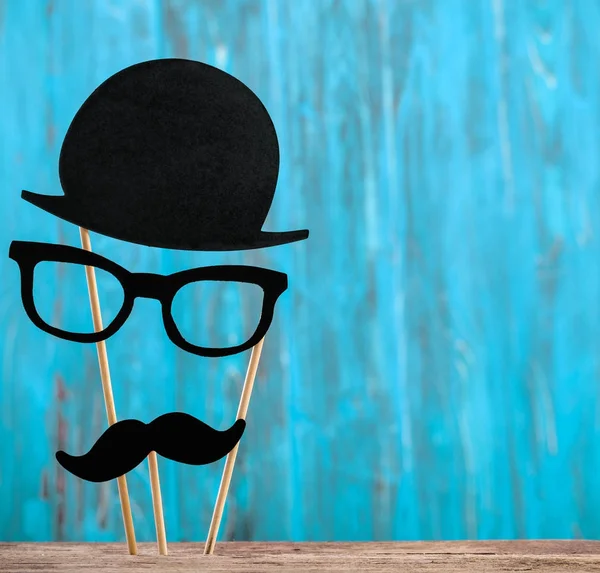 Photo Booth Props Hat Glasses Mustache Wooden Background — Stock Photo, Image
