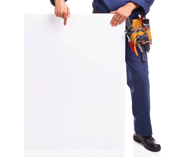Image Worker Pointing Empty White Banner — Stock Photo, Image