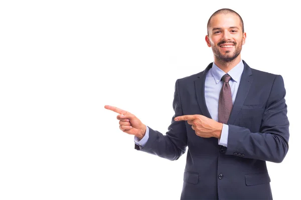 Retrato Belo Homem Negócios Sorridente Apontando Para Espaço Cópia Isolado — Fotografia de Stock