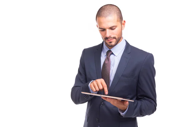 Empresário Bonito Confiante Trabalhando Tablet Digital Isolado Fundo Branco — Fotografia de Stock