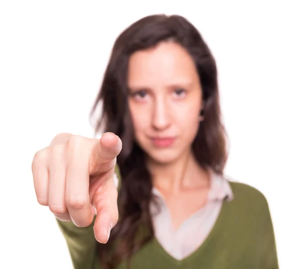 Selective Focus Young Woman Pointing Finger You Isolated White Background — Stock Photo, Image