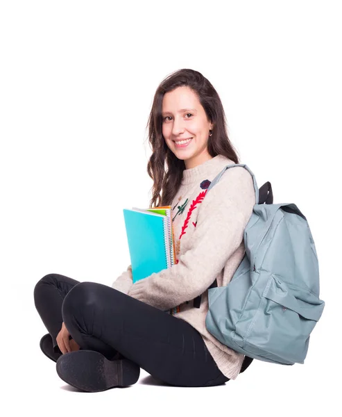 Lächelndes Studentenmädchen Auf Dem Boden Sitzend Die Beine Mit Notizbüchern — Stockfoto