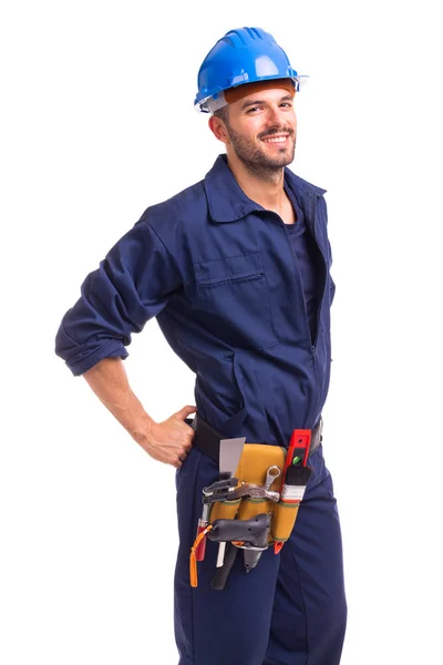 Retrato Joven Trabajador Sonriente Pie Sobre Fondo Blanco — Foto de Stock