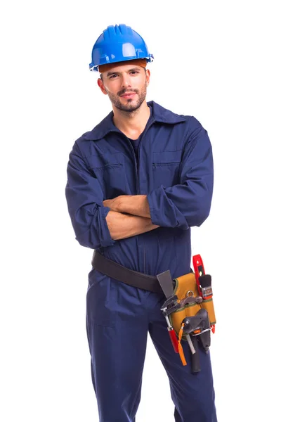 Portrait Serious Young Worker Standing Arms Crossed White Background — Stock Photo, Image