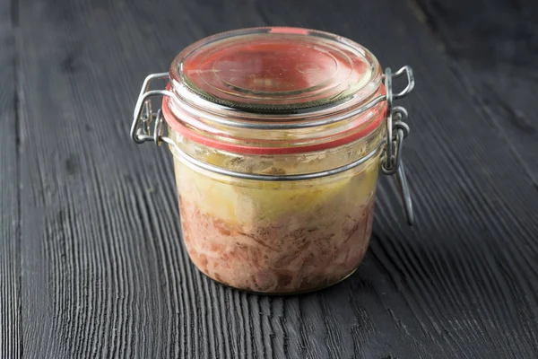 Jar of preserved foie gras — Stock Photo, Image