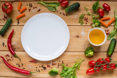 Üstten Görünüm alanı, sağlıklı beslenme kavramı ile ahşap tablo.