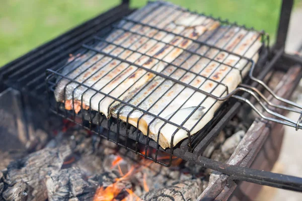 Fresh fish on grilling sticks — Stock Photo, Image