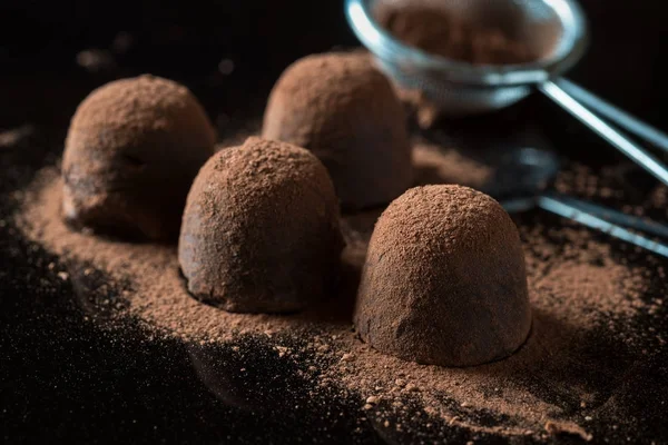 Bonbons au chocolat à la truffe faits maison avec de la poudre de cacao faite par cho — Photo