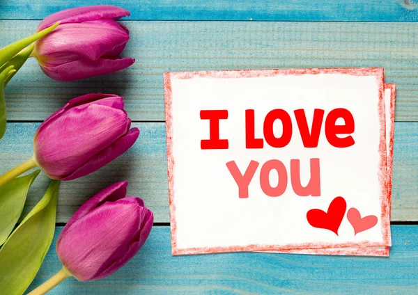 Tulips and I Love You inscription — Stock Photo, Image