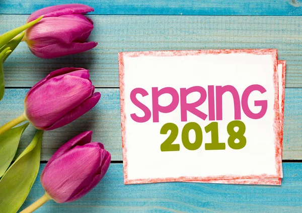 Tulipanes con texto primavera 2018 —  Fotos de Stock