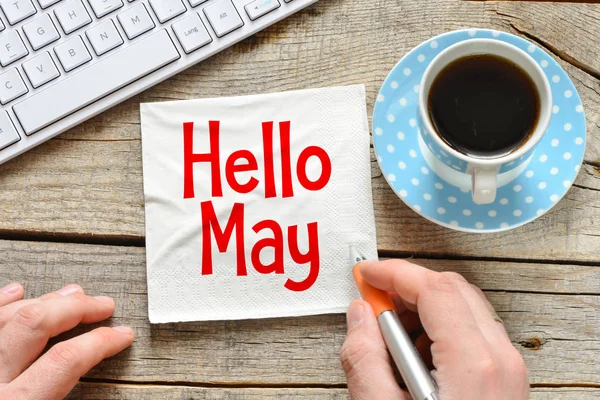 Hello May handwriting on a napkin — Stock Photo, Image