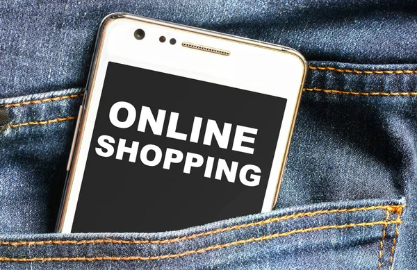 Online shopping inscription on phone screen — Stock Photo, Image