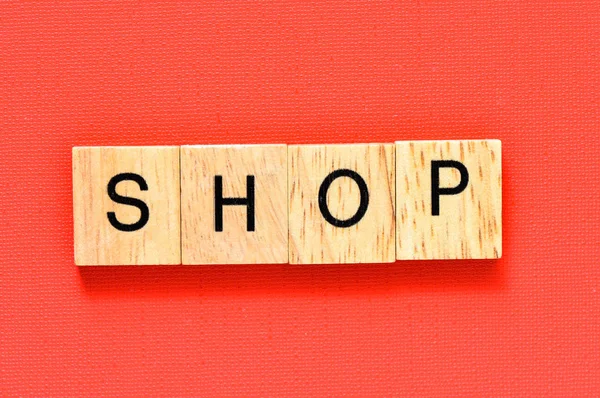 Word Shop Auf Holzwürfeln — Stockfoto