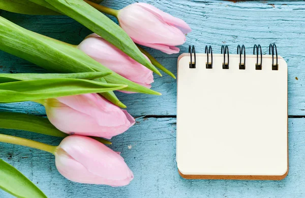 Empty Notebook Tulips Wooden Board — Stock Photo, Image