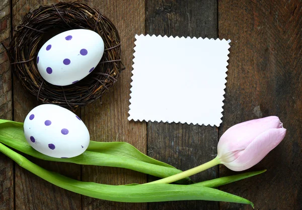 复活节背景 木制背景下的鸡蛋 郁金香和空白标签 — 图库照片