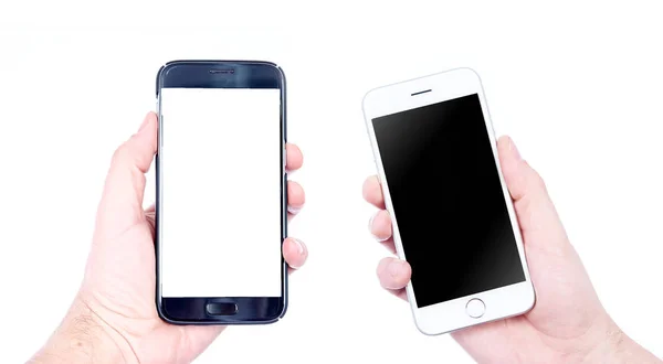 Mãos Masculinas Segurando Smartphone Preto Branco — Fotografia de Stock