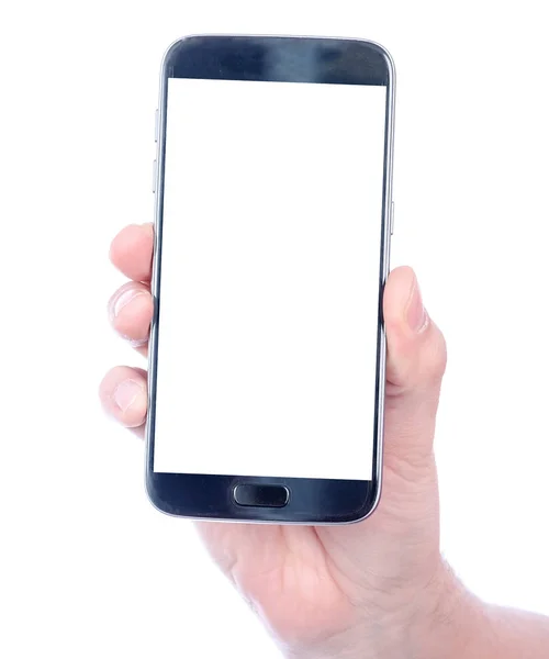 Mão Segurando Smartphone Com Tela Branca Branco — Fotografia de Stock