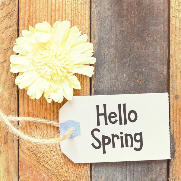 Hello Spring Tag Flower Wooden Background — Stock Photo, Image