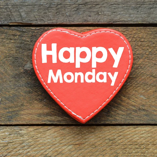 Closeup Red Heart Text Happy Monday Wooden Surface — Stock Photo, Image