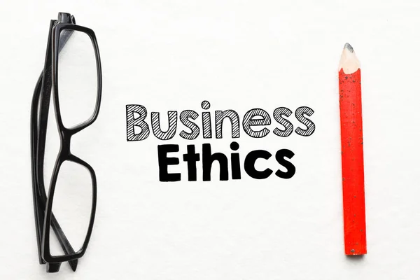 Closeup Pencil Glasses Text Business Ethics White Background — Stock Photo, Image