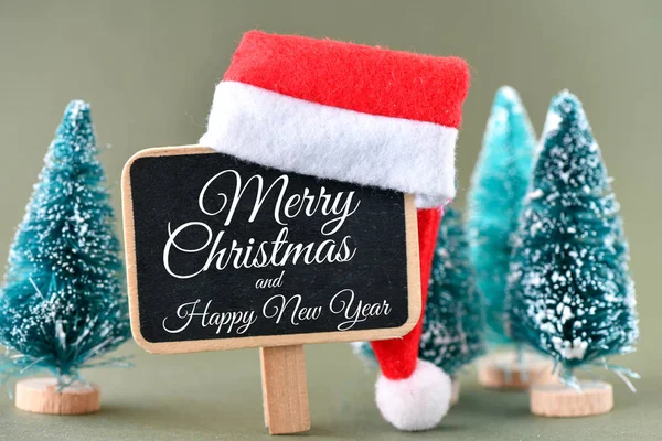 Счастливого Рождества Нового Года Деревянной Черной Доске Огненными Деревьями Пустое — стоковое фото