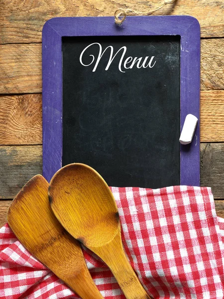 Menu Black Board Wooden Background Empty Space — Stock Photo, Image