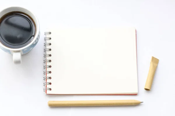 Blank Notepad Coffee Cup Office White Table — Stock Photo, Image