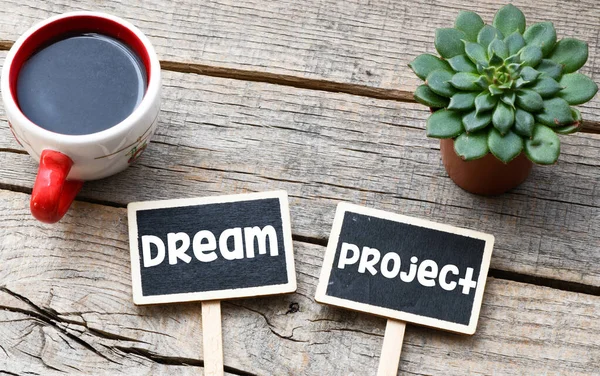 Dream Project Text Chalk Tablets Wooden Table — Stock Photo, Image