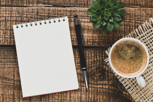 Blank Notepad Coffee Cup Office Wooden Table — Stock Photo, Image