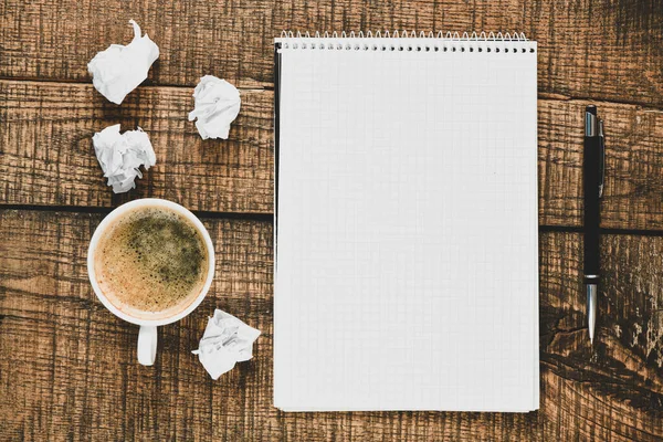 Blank Notepad Coffee Cup Office Wooden Table — Stock Photo, Image