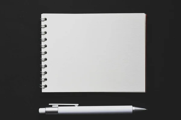 Blank Notepad Pen Office Black Table — Stock Photo, Image