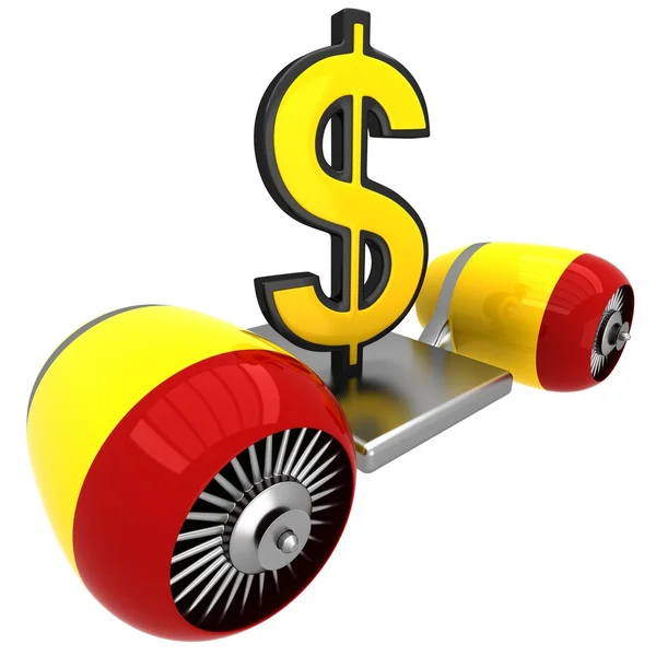 3D-Dollarzeichen am Flugmotor — Stockfoto
