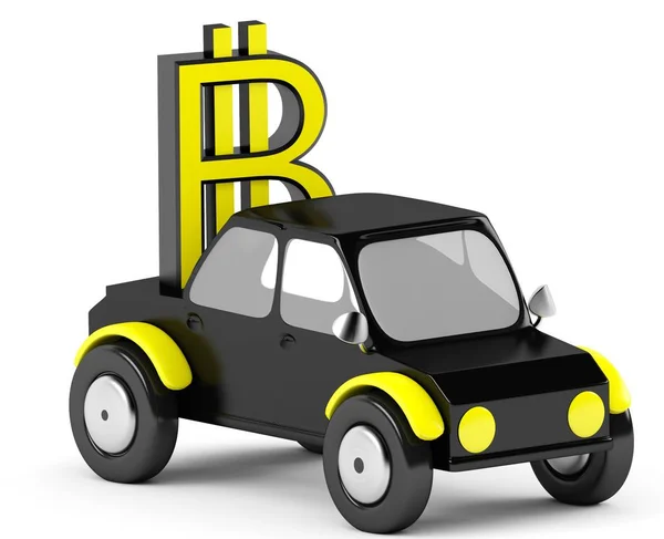 3D Bitcoin sign in a black car — Stock Photo, Image