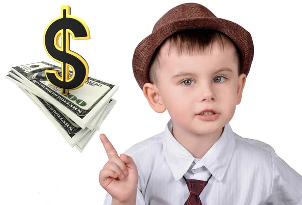 Kleiner Junge Zeigt Auf Dollar Und Dollarzeichen — Stockfoto