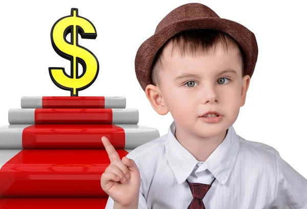 Kleiner Junge Zeigt Auf Dollar Und Dollarzeichen — Stockfoto