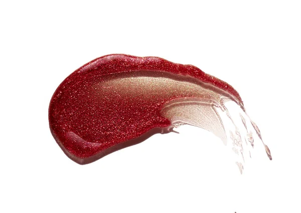 Lip Gloss Κόκκινο Λαμπερό Χρώμα Δείγμα Μουτζούρα Απομονώνονται Λευκό Φόντο — Φωτογραφία Αρχείου