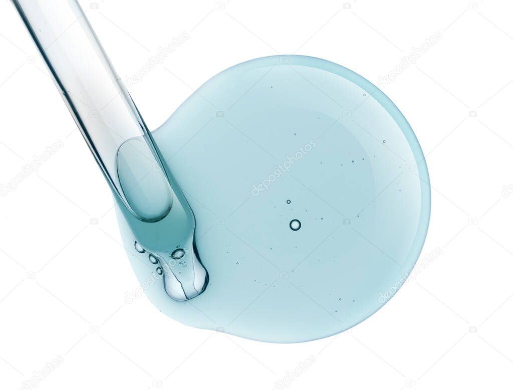 Liquid blue gel or serum drop and pipette on white isolated background