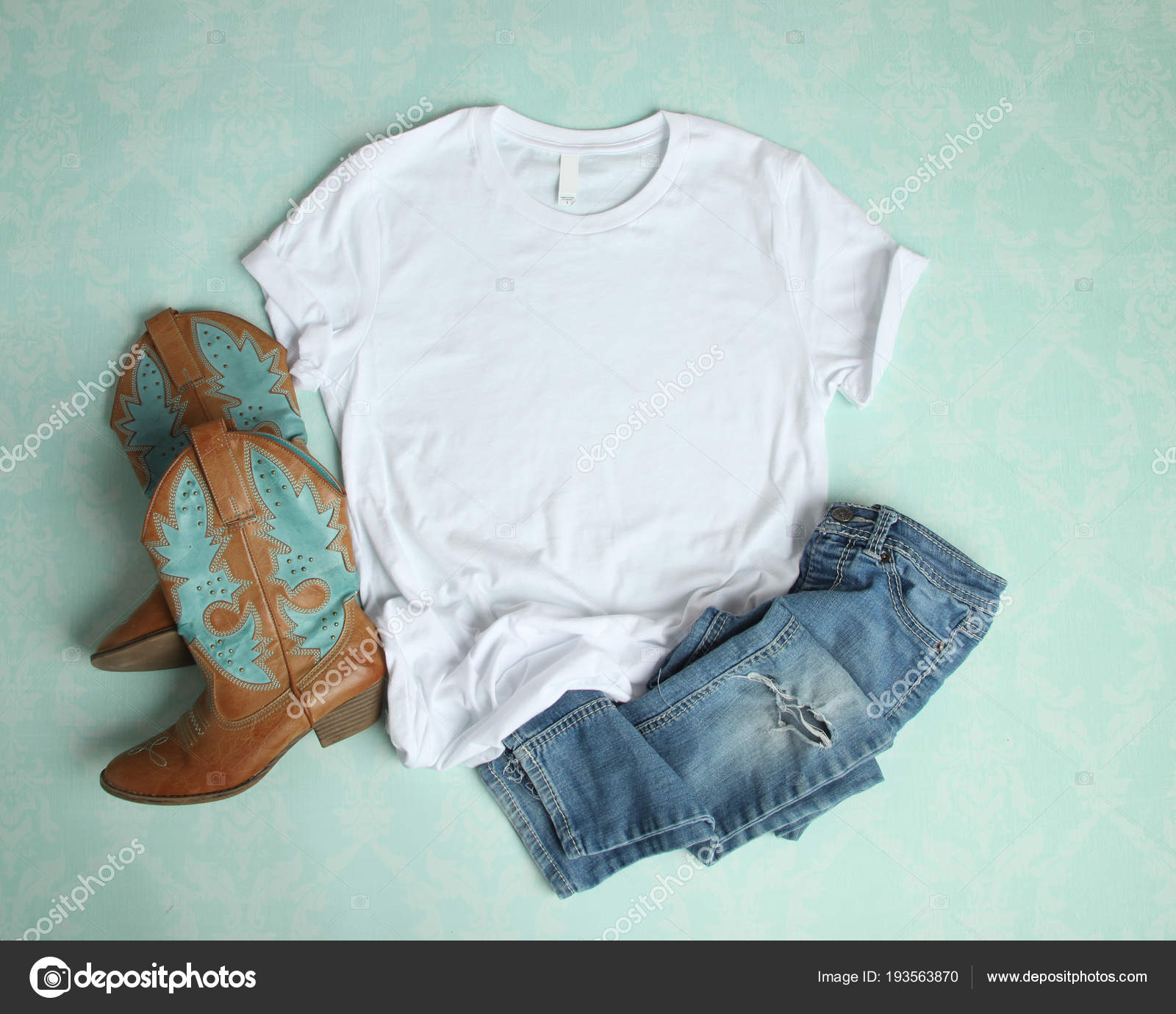 Download Shirt flat lay | White Shirt Flat Lay Mockup Aqua Background Cowboy Boots Ripped — Stock Photo ...