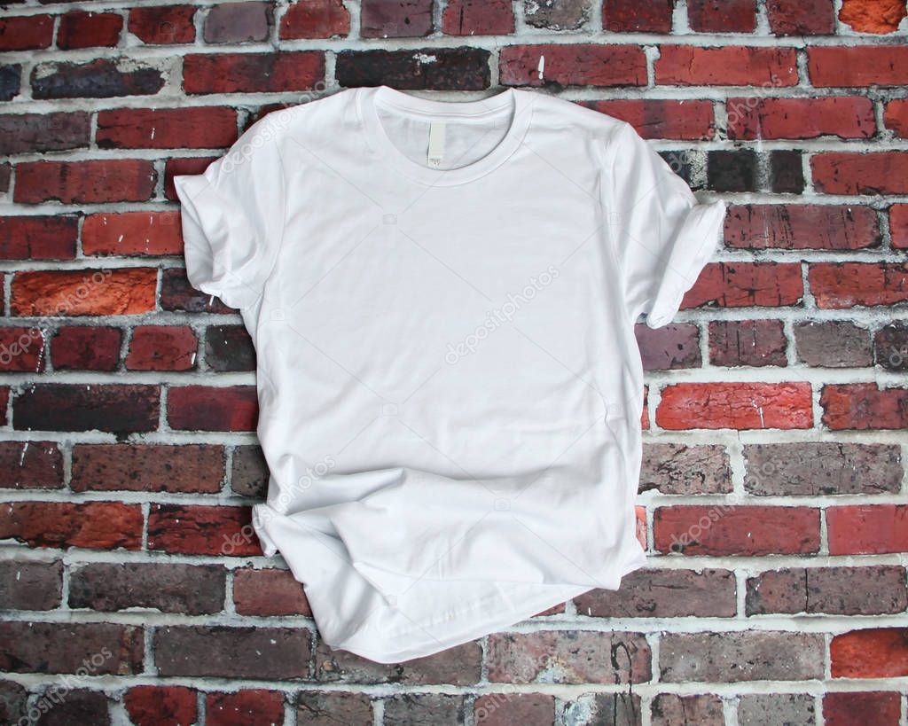 Download Shirt flat lay mockup | Flat lay mockup of white tee shirt on brick background — Stock Photo ...