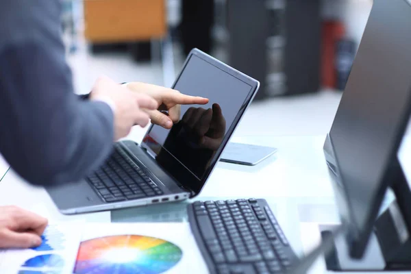 Two colleagues businessman discussing data and digital tablet and computer laptop with smart phone with digital business strateg — Stock Photo, Image