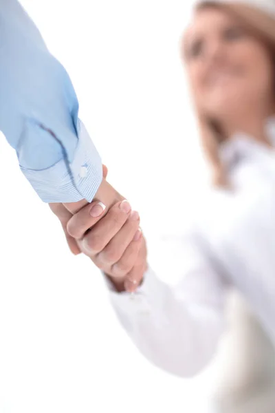 Close-up van partnerschap handdruk bedrijfsconcept. Foto van twee zakenman handshaking proces. Succesvolle deal na grote bijeenkomst. — Stockfoto