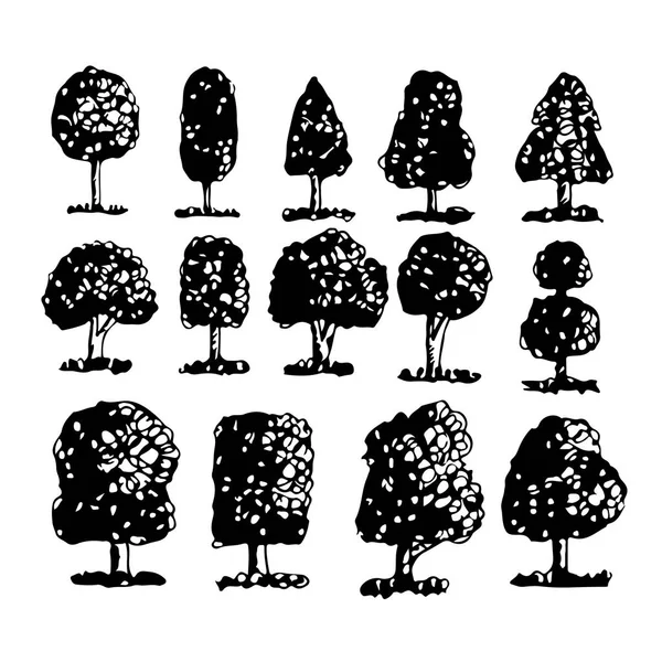 Ensemble d'arbres dessinés à la main — Image vectorielle