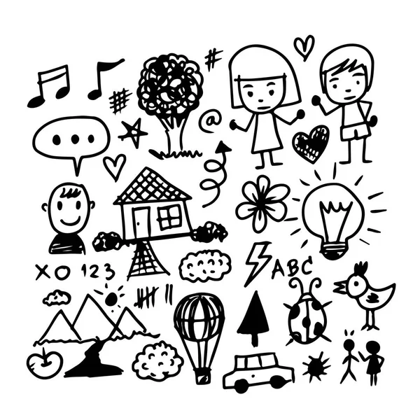 Kinderen hand tekenen doodle pictogrammen — Stockvector