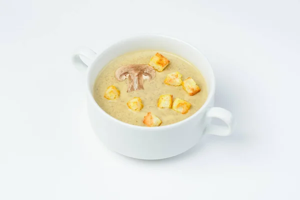 Mushroom cream soup with croutons. White background — Stock Image Mushroom Cream Soup Croutons White Background Stock Picture