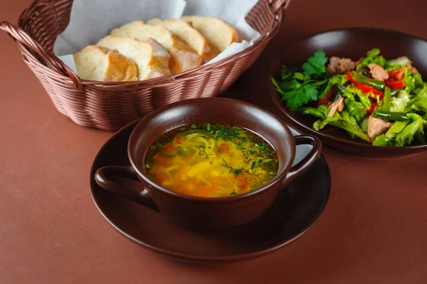 Soup with noodles and salad. Georgian lunch — Stock Photo, Image