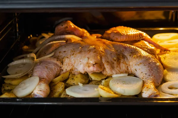 Raw chicken with baked potatoes and onions in the oven — Stok fotoğraf