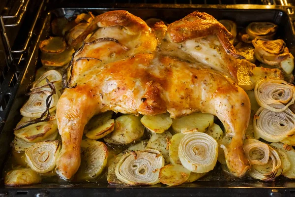 Fried chicken with baked potatoes and onions in the oven — Stock Photo, Image