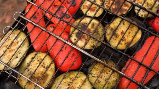 Pimiento y berenjena asados en la parrilla, de cerca. Verduras a la parrilla — Vídeos de Stock