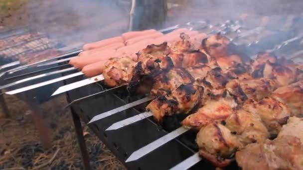 Skewers to roast on the grill, close-up. Barbecue outdoors — Stock Video